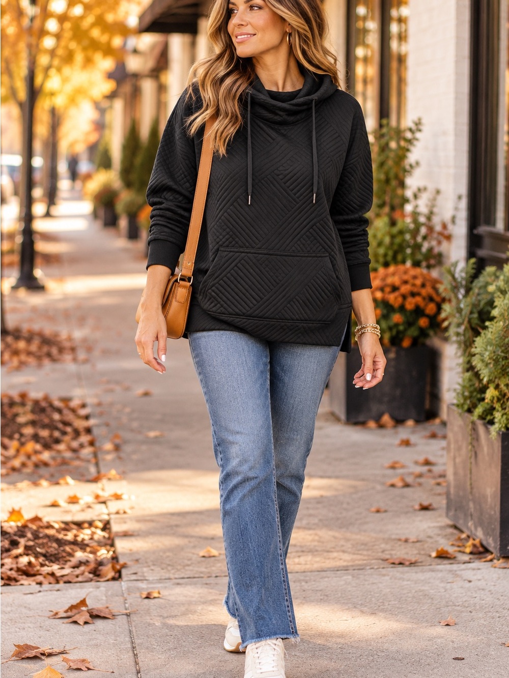 Green Tea Women’s Large Black Quilted Cowl Neck Hoodie Pullover